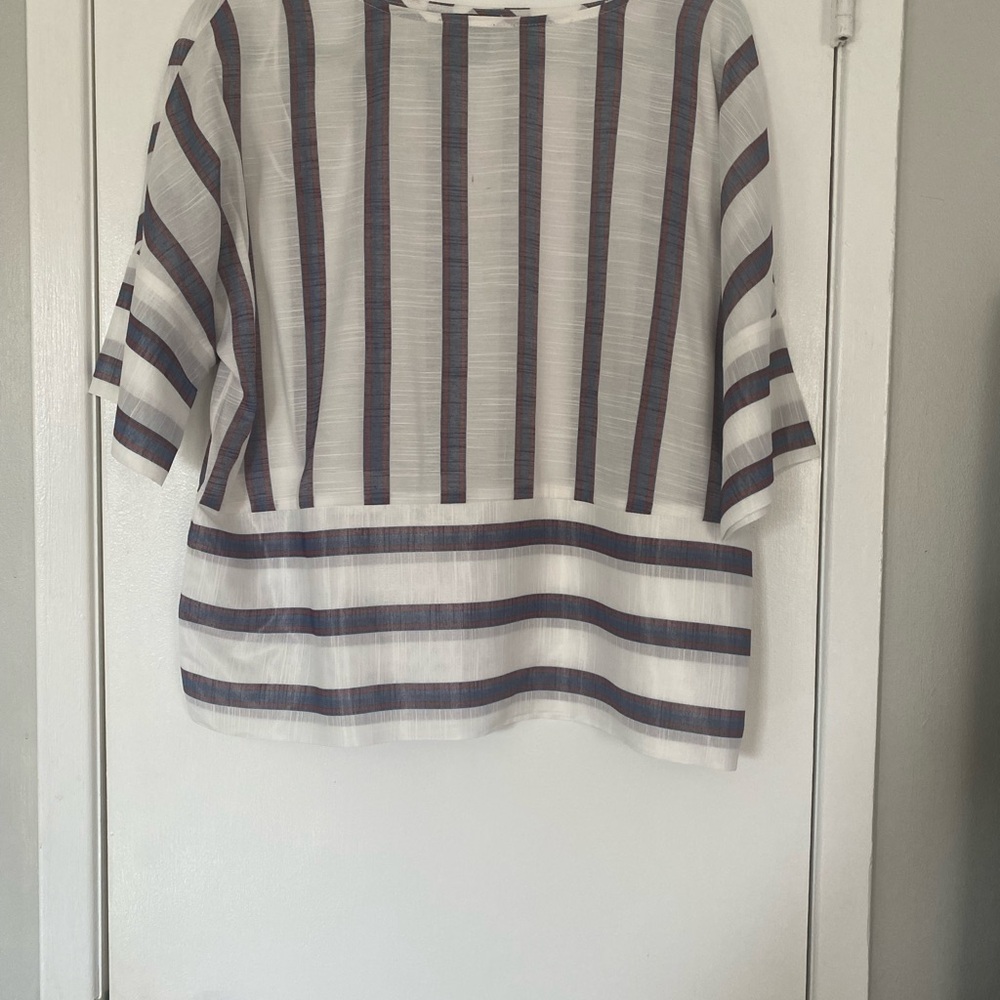 Navy and white striped blouse. Size xs. Rayon and polyester. Like new.